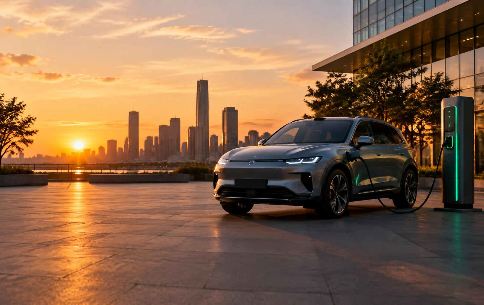 Electric SUV charging at sunset